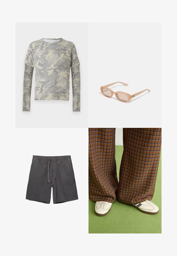 Grauer Camouflage-Sweatshirt mit langen Ärmeln, Rundhalsausschnitt und leichtem Fall über die Schultern. Hergestellt aus weichem Stoff mit glatter Textur.; Graue Baumwollshorts mit einem elastischen Taillenbund, verstellbarem Kordelzug, seitlichen Taschen und einem lockeren Schnitt. Glatte Textur und knielanges Design.; Braun und blaue Karohosen mit weitem Bein, kombiniert mit weißen Schuhen mit schwarzen Akzenten und strukturierten Sohlen, vor einem grünen Hintergrund.; Sonnenbrille mit einem transparenten, hellbraunen Rahmen, ovalen Gläsern und schlanken Bügeln, die ein dezentes eingraviertes Logo tragen. Mattes Finish mit minimalistischen Design.
