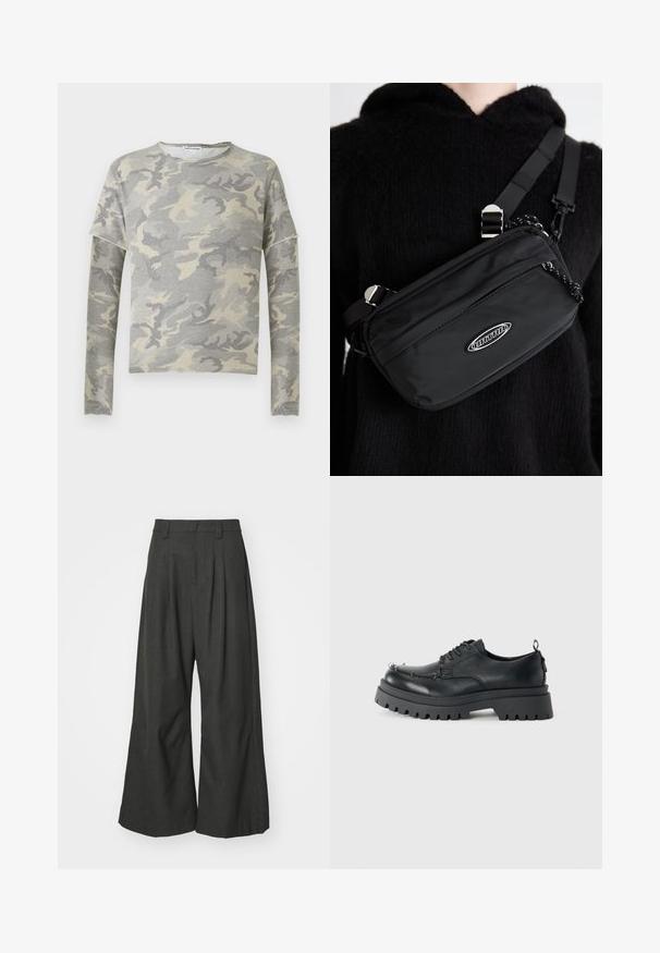 Gray camouflage sweatshirt with long sleeves, round neck, and slight drop shoulder design. Made from soft fabric with a smooth texture.; Jaded London GOLIATH TROUSER UNISEX - Trousers - grey; Black chunky leather lace-up shoe with thick rugged sole and metal eyelets on toe area, photographed against a plain light background.; Black nylon crossbody bag with adjustable strap, featuring a smooth texture, a front zipper pocket, and a logo accent.