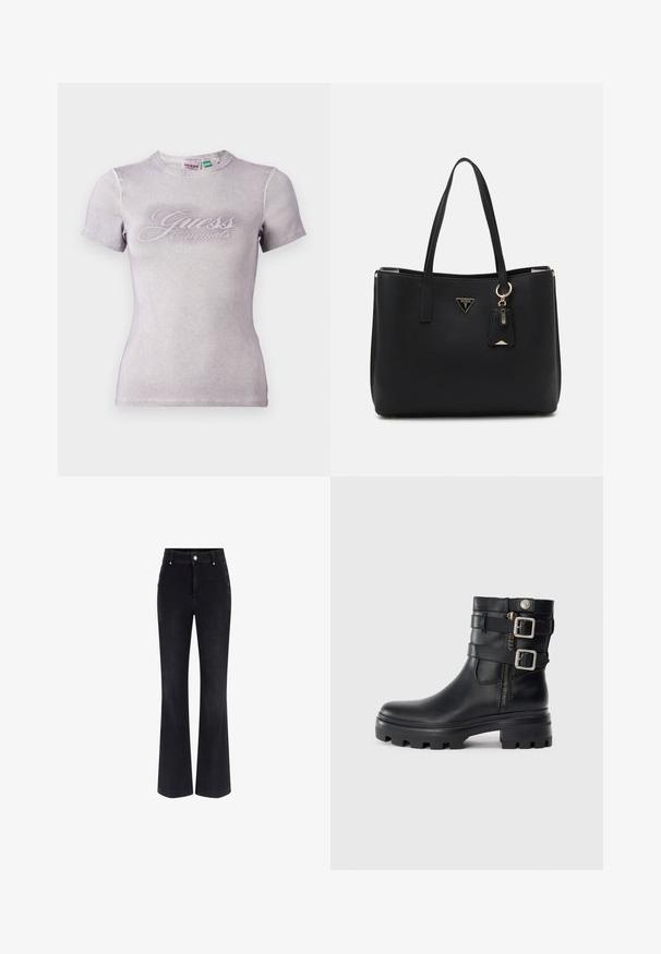 Lilac īsām piedurknēm T-krekls ar ribotu tekstūru un apaļu kakla izgriezumu. Ar kontrastējošu rakstu "Guess Originals" logo uz priekša.; Melni džinsi ar izflarētiem pēdējiem, augstu jostasvietu, piecu kabatu dizainu un metāla pogu akcentiem sānos. Gluda tekstūra un klasika fit.; Melna ādas potīte ar dubultu sprādžu akcentiem, rāvējslēdzēja aizdari, masīvu zoli un gludu tekstūru. Izaicinoša, stilīga dizaina iezīme.; Melnā tote soma, kas izgatavota no teksturēta sintētiska materiāla, ar divām rokām, zelta logotipa plāksni un mazu piekariņu ar akcenta detaļu.