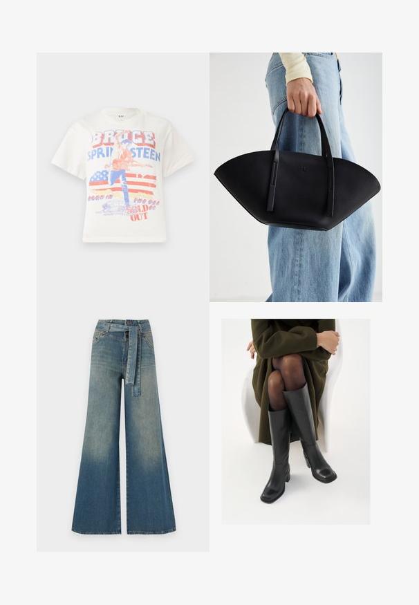 T-shirt en coton blanc avec un imprimé graphique d'un guitariste, le texte "Bruce Springsteen" et un fond de drapeau américain en rouge et bleu.; Pantalons en denim à jambe large présentant un dégradé de bleu clair à bleu foncé, taille haute, passants de ceinture et une ceinture en tissu assortie. Finition en denim texturé.; Bottes en cuir noires arrivant au genou, avec un bout carré et un talon carré, présentées sur un modèle assis dans un manteau vert olive. Texture lisse, détails minimaux.; Sac à main en cuir noir avec une forme de éventail unique, doté de poignées plates. La surface présente une texture granuleuse et un design minimaliste.