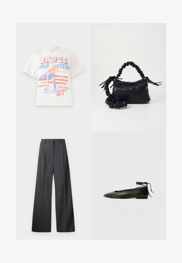 Bílý bavlněný tričko s grafickým potiskem kytaristy, textem "Bruce Springsteen" a pozadím se vzorem americké vlajky v červené a modré barvě.; Široké kalhoty z tmavě šedé látky, s vysokým pasem, jedním skladem a hladkou texturou s čistým zakončením na lemech.; Černé kožené baletky s špičatou špičkou, vázáním na kotníku a plochou podrážkou, s hladkým povrchem a minimalistickým designem.; Černá kabelka z umělé kůže s krokodýlím vzorem, staženým vrškem a zmačkaným popruhem. Zdá se, že má měkký a kompaktní design.