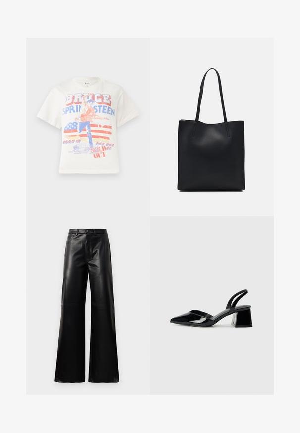 White cotton t-shirt featuring a graphic print of a guitarist, text "Bruce Springsteen," and an American flag background in red and blue.; Black high-waist wide-leg faux leather pants with front button, zip closure, belt loops, and side pockets on white background.; Black patent leather slingback heels with a pointed toe and a geometric block heel. Features a sleek, minimal design and smooth texture.; Black leather tote bag with smooth texture, rectangular shape, and two long handles. No visible hardware or embellishments.