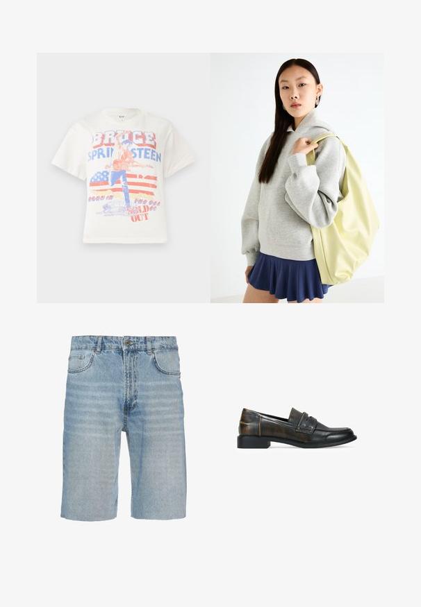 Camiseta blanca de algodón con un estampado gráfico de un guitarrista, el texto "Bruce Springsteen" y un fondo de bandera estadounidense en rojo y azul.; Pantalones cortos de mezclilla en azul claro, con un diseño clásico de cinco bolsillos, cierre de botón, corte recto y un sutil detalle de desvanecimiento en la tela.; Mocasines de cuero negros con un acabado texturizado marrón, que cuentan con una correa en la parte superior, un tacón bajo y una punta redondeada lisa.; Sudadera de gran tamaño en color gris con un bolsillo canguro, combinada con una falda acampanada azul marino. Accesorio: mochila grande de color amarillo claro, con textura suave.