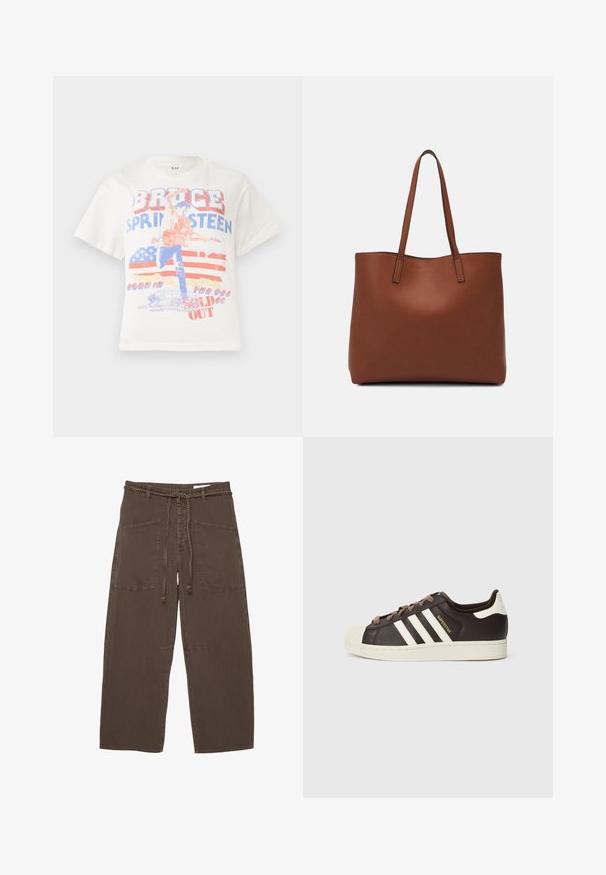 Witte katoenen t-shirt met een grafische print van een gitarist, de tekst "Bruce Springsteen" en een achtergrond van de Amerikaanse vlag in rood en blauw.; Bruine, wijde broek van zachte stof, met een gevlochten trekkoord, twee grote voorzakken en een relaxte pasvorm.; Low-top Adidas Superstar sneaker in donkerbruin leer met crème shell-toe, witte strepen en de tekst "Superstar" aan de zijkant.; Bruine leren tote bag met een gladde textuur, een ontwerp met een open bovenkant en twee schouderbanden. Kenmerkt zich door minimale stiksels en geen zichtbare hardware.
