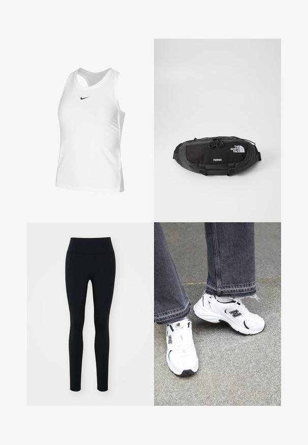 Weißes Sport-Top aus glattem Stoff, mit rundem Ausschnitt, offenem Rücken und kleinem schwarzen Nike-Logo auf der Brust.; Schwarze Leggings aus dehnbarem Material mit hohem Bund. Glatte Textur, taillierte Passform und keine sichtbaren Verzierungen oder Muster.; Weiße New Balance Sneakers mit einem Obermaterial aus Mesh und Synthetik und schwarzen Akzenten. Getragen mit grauen Jeans mit ausgefransten Säumen auf einer strukturierten Oberfläche.; Schwarze Hüfttasche aus robustem Nylonmaterial, mit einem Reißverschlussfach mit doppeltem Zug, und kontrastierendem weißen Logo und Text. Kompaktes Design mit verstellbaren Riemen.