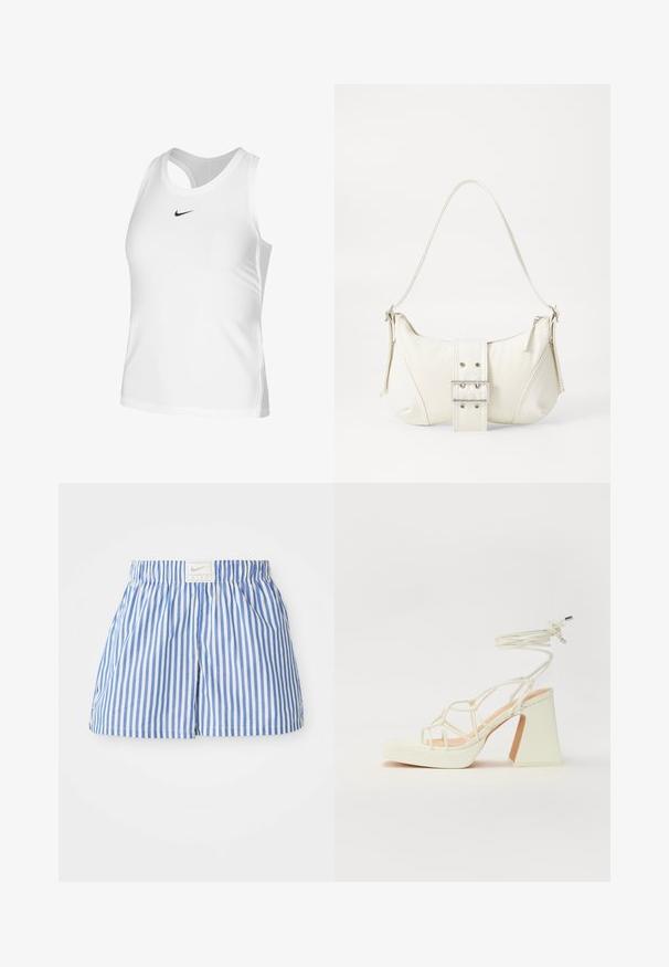 Fehér sportos ujjatlan felső sima anyagból, kerek nyakkal, nyitott hátrésszel és egy kis fekete Nike logóval a mellkason.; Kék és fehér csíkos nadrág rövid fazonban, elasztikus derékkal, a Nike logóját tartalmazó címkével. Könnyű anyagból készült, sima tapintással.; Fehér, magassarkú szandál vastag sarokkal, pántos dizájnnal és bokapánttal. Sima textúra, elülső platformmal a megnövelt magasság érdekében.; Fehér válltáska texturált felülettel, középen csattogó részlettel és íves formával. Cipzáras záródás mindkét oldalon.