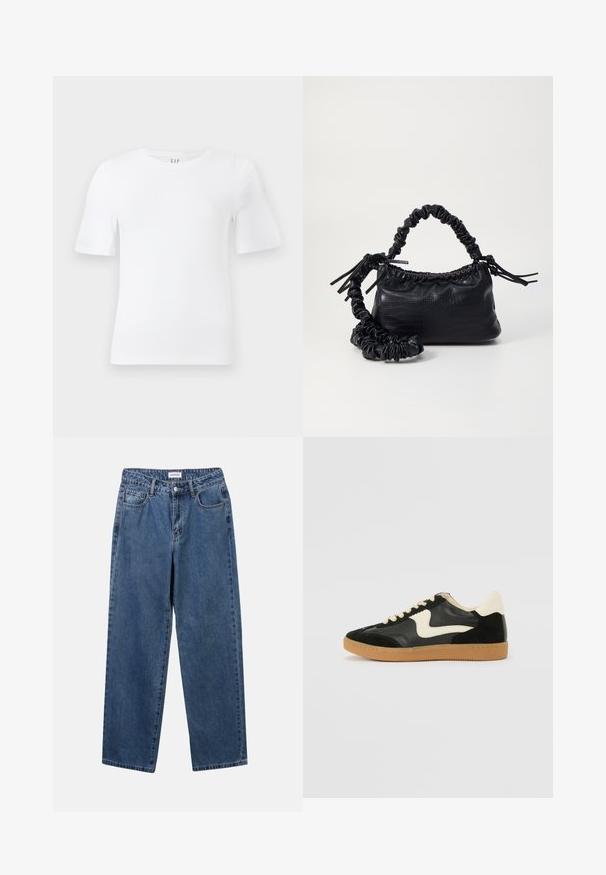 Ein schlichtes, weißes T-Shirt mit kurzen Ärmeln und Rundhalsausschnitt, gerade geschnitten, mit einem GAP-Label im Kragen auf einem hellen Hintergrund.; Klassische blaue Denim-Jeans mit geradem Bein, fünf Taschen und Knopfverschluss. Sie verfügen über eine mittelblau gewaschene Optik und sind aus robuster Textur.; Schwarze Wildleder- und Leder-Sneaker mit einem cremefarbenen Seiten-Swoosh und einer hellcremefarbenen Ferse. Ausgestattet mit beige Schnürsenkeln und einer Gummilaufsohle.; Schwarze Handtasche aus Kunstleder mit Krokodilstruktur, gerafftem oberen Teil und einem geschoppten Tragegurt. Sie wirkt weich und kompakt im Design.