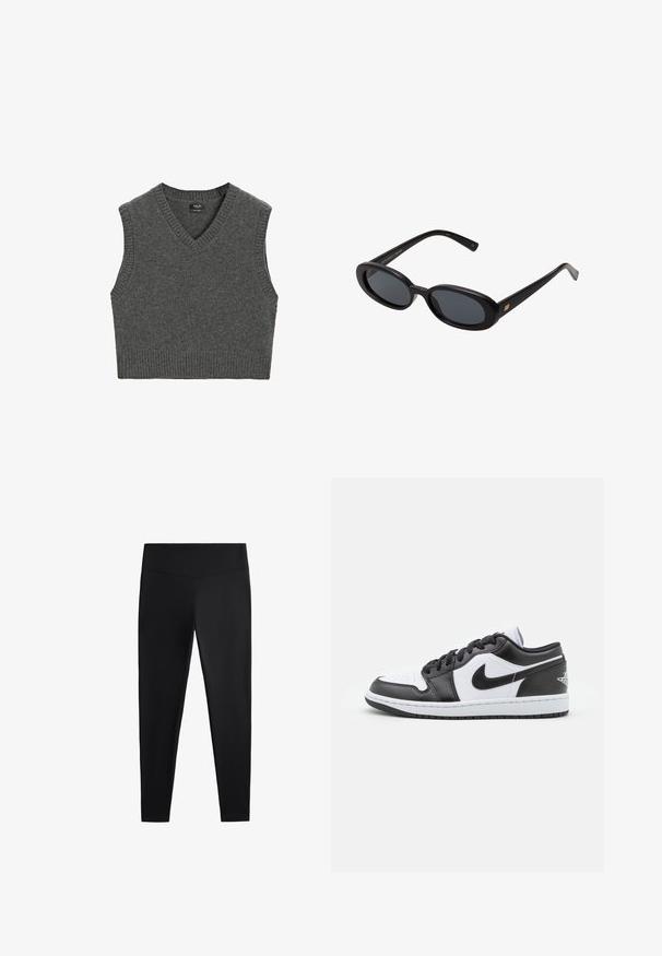 Grå strikket vest med V-halsdesign og uden ærmer. Har ribbet kant ved halsudskæringen og kanten. Blød tekstur og ensfarvet.; Sorte leggings lavet af glat, strækbart stof. Har en bred talje og en tapered ben-design, velegnet til aktiv eller afslappet brug.; Sorte og hvide Nike lavtoppede sneakers har en glat læderoverdel, rund tå, snørelukning og en mønstret gummisål.; Store store