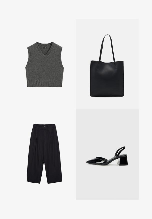 Grauer Strickwesten mit V-Ausschnitt und ärmellosem Stil. Hat einen gerippten Saum am Ausschnitt und am Rand. Weiches Material und einfarbig.; Schwarze Polyester-Culotte mit einem elastischen Bund, zwei vorderen Falten und einer lockeren Silhouette. Keine sichtbaren Muster oder Hardware-Details.; Schwarze Lackleder-Slingback-High Heels mit spitzem Schuh und einem geometrischen Blockabsatz. Verfügt über ein schlankes, minimalistisches Design und eine glatte Textur.; Schwarze Laptoptasche aus Leder mit glatter Textur, rechteckiger Form und zwei langen Griffen. Keine sichtbaren Beschläge oder Verzierungen.