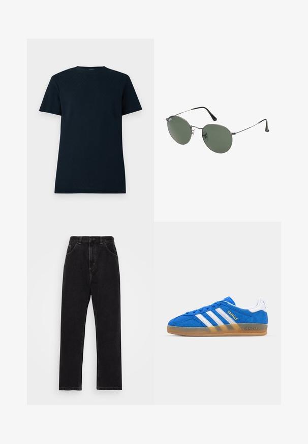 Krátký rukáv, námořnicky modré tričko z texturované tkaniny se geometrickým vzorem, s kulatým výstřihem a volným střihem.; Světle modrá košile na knoflíky s červeným abstraktním vyšíváním, včetně očí a zubatého vzoru, s klasickým límcem a dlouhými rukávy.; Černé džíny z denimu s rovným střihem, vybavené pěti kapsami, zapínáním na knoflík a zip a kontrastním žlutým prošíváním.; Modré semišové tenisky s bílými pruhy a textem "Gazelle". Mají gumovou podešev a texturované akcenty na svršku. Klasický design.; Sluneční brýle s kovovým rámem a oválnými zelenými skly. Tenký stříbrný kovový rám a černé chrániče uší. Minimalistický design, žádné viditelné logo.