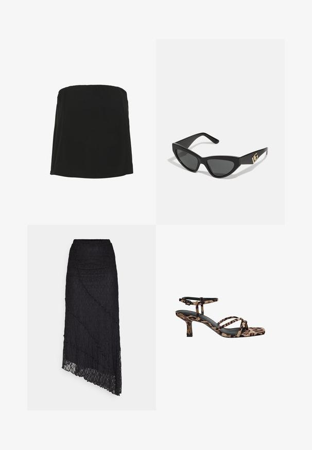 Top nero senza spalline realizzato in tessuto liscio con scollatura dritta e silhouette fluida. Design minimalista, senza ulteriori motivi o decorazioni.; Top in pizzo nero con scollo off-the-shoulder, maniche lunghe a campana e bordi scallopati. Motivo floreale testurizzato in tutto il capo.; ONLY ONLKIM LACE SKIRT - Gonna lunga - black; Sandali con tacco in stampa leopardata, con punta quadrata, multiple cinghie e un tacco di altezza media. Realizzati in morbido materiale tessile.; Occhiali da sole a forma di gatto con montatura in plastica nera opaca, lenti scure e un'accensione con logo dorato sulla stanghetta. Design angolare e superficie liscia.