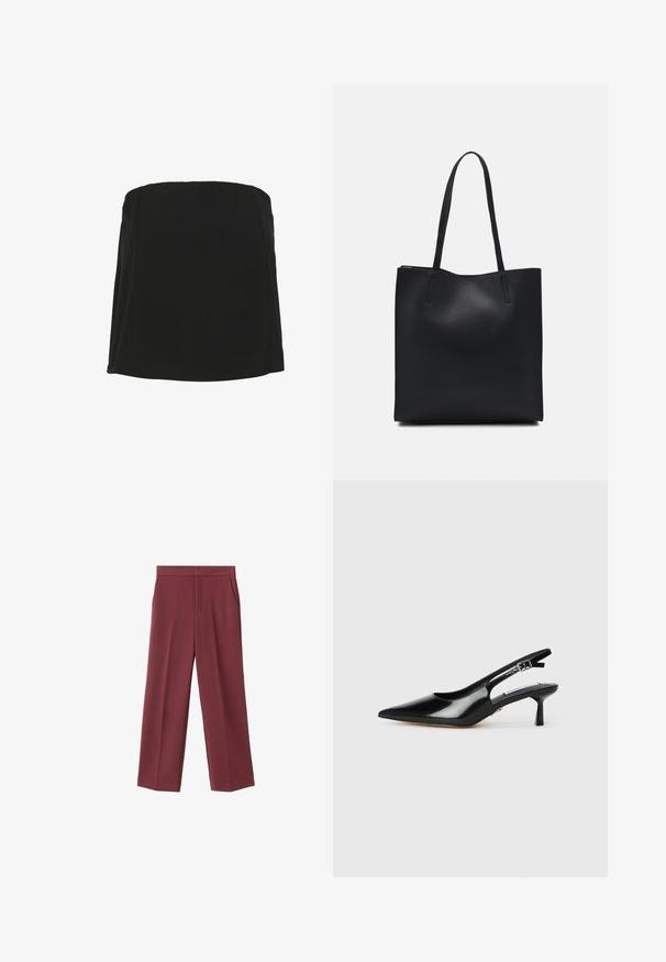Black strapless top made of smooth fabric with a straight neckline and flowing silhouette. Minimalist design, no additional patterns or embellishments.; Maroon wide-leg trousers with a smooth texture, featuring side pockets and a high waist design. Tailored with a clean front crease.; Black patent leather slingback heels with a pointed toe, thin heel, and adjustable buckle strap. Smooth texture with minimal detailing.; Black leather tote bag with smooth texture, rectangular shape, and two long handles. No visible hardware or embellishments.
