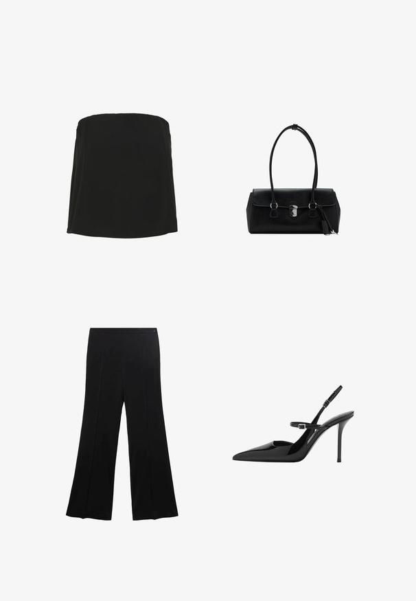 Top nero senza spalline realizzato in tessuto liscio con scollatura dritta e silhouette fluida. Design minimalista, senza ulteriori motivi o decorazioni.; Pantaloni neri a gamba larga realizzati in tessuto morbido, con un frontale piatto caratterizzato da due pieghe e una vita senza componenti metallici visibili.; Slingback in vernice nera con tacco a stiletto, punta affusolata e cinturino regolabile. Superficie liscia con finitura lucida.; Borsa a mano in pelle nera con una texture liscia, design strutturato, doppi manici e un dettaglio clasp in argento al centro.