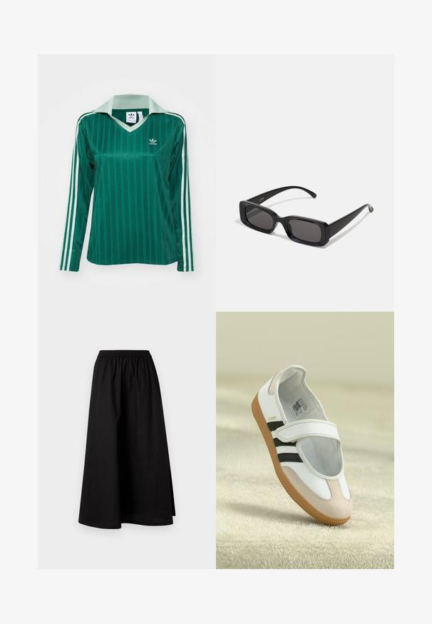 Zöld, hosszú ujjú póló, függőleges csíkokkal, V-nyakkivágással és mentazöld gallérral. Adidas logó a bal mellkason és fehér oldalsávok.; Fekete, térd hosszúságú szoknya könnyű anyagból, rugalmas derekú és laza, A vonalú sziluettel. Nincsenek látható minták.; Fehér cipő rózsaszín velúr orrával, fekete csíkokkal és tépőzárral. Barna gumitalppal rendelkezik, és az oldalán egy logó található.; Fekete, téglalap alakú napszemüveg sötét lencsékkel, fényes felülettel, széles szárakkal és masszív keret designnal. Az egyik szárra gravírozott márkanevével.