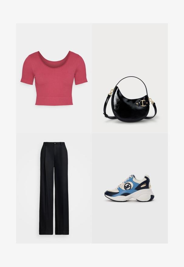 Top corto de manga corta en un color rosa sólido, textura acanalada, con escote redondo, diseño ajustado y un dobladillo estrecho en la cintura.; Pantalones de pierna ancha negros con un acabado suave, frente plano, trabillas para cinturón y un cierre de botón único en la cintura.; Zapatillas de ante en blanco, azul marino y azul claro con una suela gruesa y un logo bordado circular en el lateral.; Bolso de mano de charol negro con forma curvada, correa ajustable y detalles en hardware dorado en el lateral. Textura lisa y brillante.