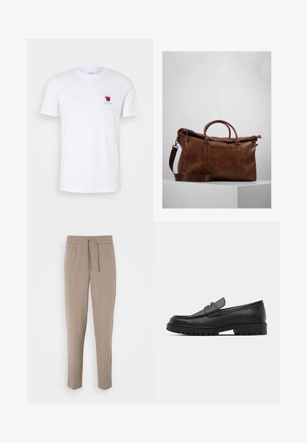 Balts kokvilnas T-krekls ar īsām piedurknēm, ar mazu, krāsainu kokteiļa grafiku un zīmola nosaukumu izšūtu kreisajā krūtī.; Gaiši pelēkas bikses ar elastīgu jostasvietu, regulējamu auklu un sašaurinātām kājām. Audums izskatās gluds ar vieglu spīdumu.; Melnas ādas loafers ar noapaļotu purngalu, ar izšūtu dizainu, zemu platformas zoli un teksturētu, rievotu gumijas ārējo zoli.; Brūna ādas ceļojumu soma ar rāvējslēdzēju, dubultām rokturiem, regulējamu plecu siksnu un redzamām tekstūras rakstu zīmēm virsmā.