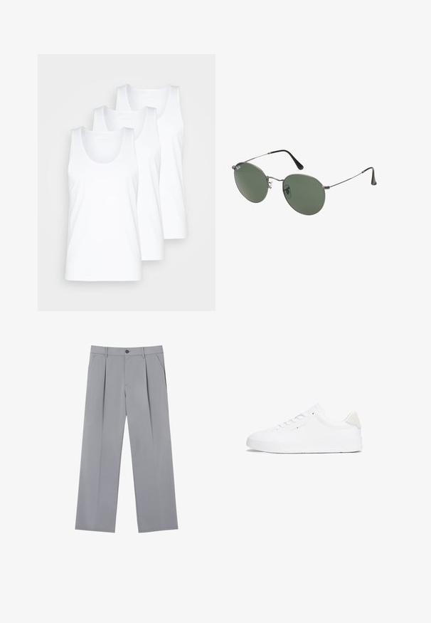 Tri bijele pamučne majice bez rukava s okruglim izrezima i širokim naramenicama, prikazane u složenom rasporedu, glatke teksture, jednostavnog dizajna.; Sive plisirane hlače s opuštenim krojem, izrađene od lagane tkanine. Imaju prednje džepove i kopčanje na dugme u struku.; Bijela tenisica s glatkim kožnim gornjištem, okruglim vrhom, ravnim potplatom i minimalističkim dizajnom. Ima suptilni brending i bež akcent na peti.; Naočale s metalnim okvirom i ovalnim zelenim staklima. Tanka srebrna metalna konstrukcija i crni silikonski jastučići za uši. Minimalistički dizajn, bez vidljivih logotipa.