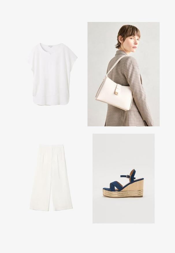 Blusa bianca a maniche corte realizzata in tessuto morbido. Presenta un collo stondato con una piccola apertura e un orlo leggermente curvo per una vestibilità rilassata.; Pantaloni bianchi a gamba larga realizzati in un tessuto liscio. Presentano una vita piatta e pieghe verticali per un tocco di dettaglio in più.; Sandalo con zeppa blu navy, con cinturini incrociati, una piattaforma in fibra naturale testurizzata e un accento metallico dorato alla base.; Borsa a mano in pelle bianca con un design strutturato, presente di un clasp magnetico e una tracolla, esposta su uno sfondo neutro.