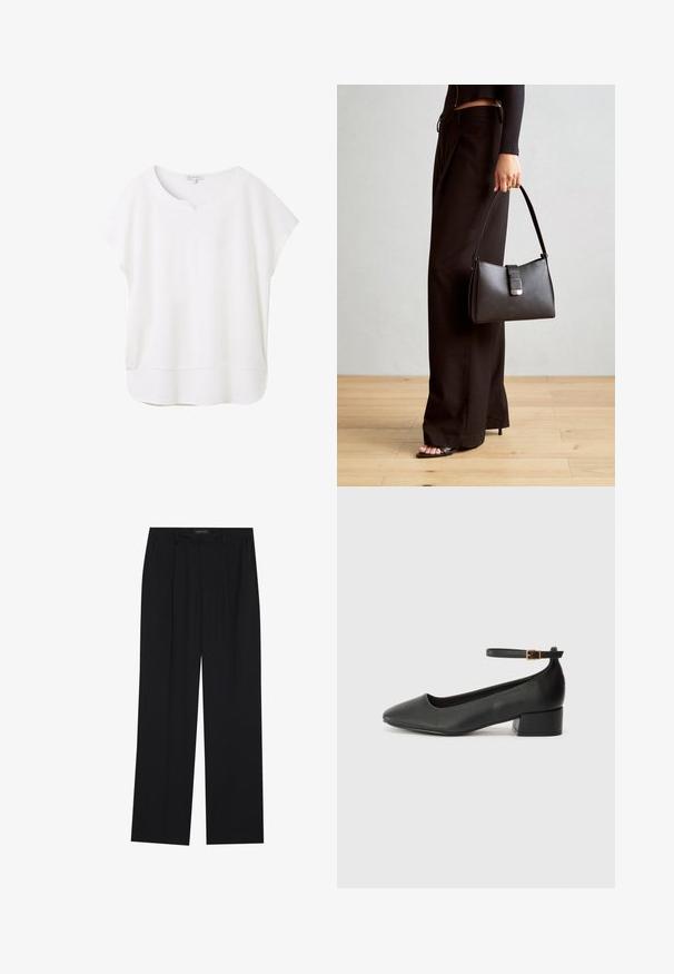 Blusa bianca a maniche corte realizzata in tessuto morbido. Presenta un collo stondato con una piccola apertura e un orlo leggermente curvo per una vestibilità rilassata.; Pantaloni neri con un design a gamba dritta, dotati di due tasche frontali e di una vita. Realizzati in un tessuto morbido e leggero.; Pump in pelle nera con punta affusolata e tacco basso a blocco. Presenta una cinghia alla caviglia con una fibbia in tonalità oro. Texture liscia.; Borsa nera con forma strutturata, texture liscia e una chiusura metallica. Abbinata a pantaloni neri larghi e sandali open-toe su un pavimento in legno.