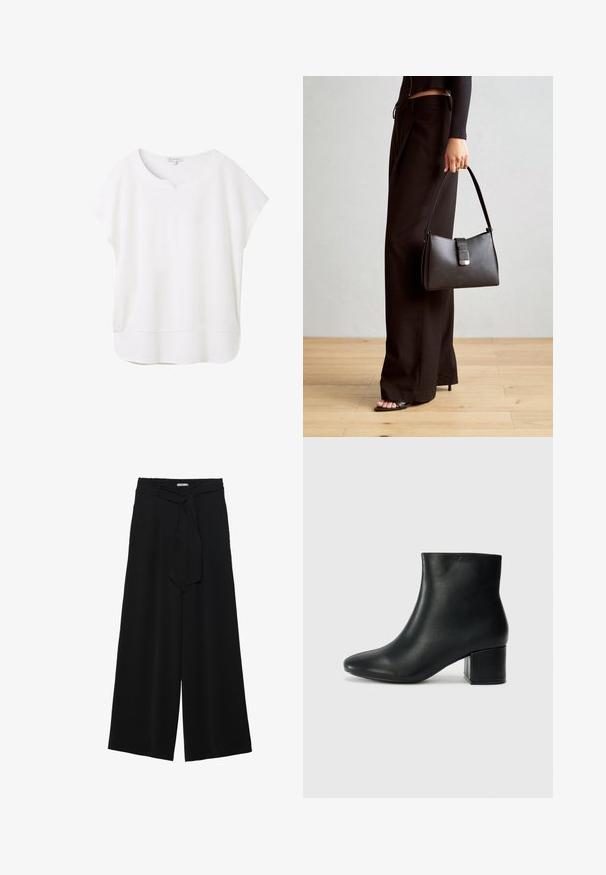 Blusa bianca a maniche corte realizzata in tessuto morbido. Presenta un collo stondato con una piccola apertura e un orlo leggermente curvo per una vestibilità rilassata.; Pantaloni neri a gamba larga caratterizzati da un tessuto testurizzato, una vita elastica e una cintura staccabile per una vestibilità regolabile.; Stivali neri in pelle fino alla caviglia con punta appuntita e tacco spesso. Texture liscia con minimi dettagli e un design elegante e aderente.; Borsa nera con forma strutturata, texture liscia e una chiusura metallica. Abbinata a pantaloni neri larghi e sandali open-toe su un pavimento in legno.