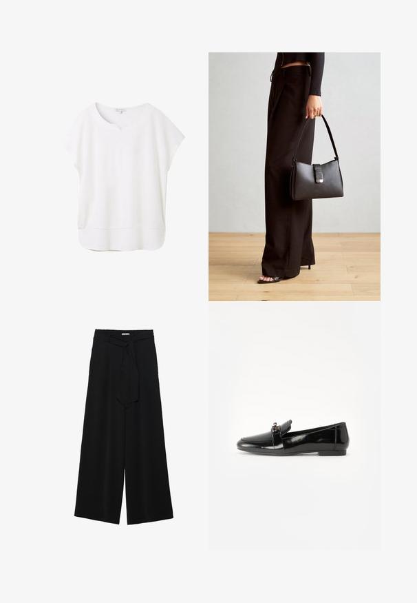 Valkoinen lyhythihainen paita, joka on valmistettu pehmeästä kankaasta. Siinä on pyöristetty pääntie, jossa on pieni lovi, ja hieman kaareva helma rentoa istuvuutta varten.; Mustat leveät housut, joissa on teksturoitu kangas, joustava vyötärö ja irrotettava nauha vyötäröllä säädettävää istuvuutta varten.; Mustat kiiltonahka loafarit, joissa on tasapohja, pyöristetty kärki ja koristeellinen nauha kultasävyisellä yksityiskohdalla. Sujuva, kiiltävä pinta.; Musta käsilaukku, jossa on rakenteellinen muoto, sileä pinta ja metallinen solki. Yhdistetty leveisiin mustiin housuihin ja avonaiheisiin sandaaleihin puulattialla.