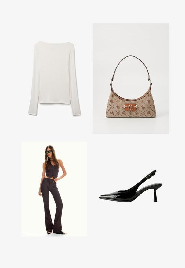 Long-sleeve top in soft, white fabric. Features a wide neckline, straight hem, and smooth texture with no visible embellishments or patterns.; Brown pinstriped cropped vest and flared pants, featuring buttons and a textured fabric. Black open-toed shoes and oversized sunglasses.; Black patent leather slingback pump with a pointed toe, cutout sides, adjustable ankle strap, and a thin, sleek heel.; Tote bag in beige fabric with brown patterned accents. Features a curved shape, single strap, and a logo plaque in front with silver hardware.