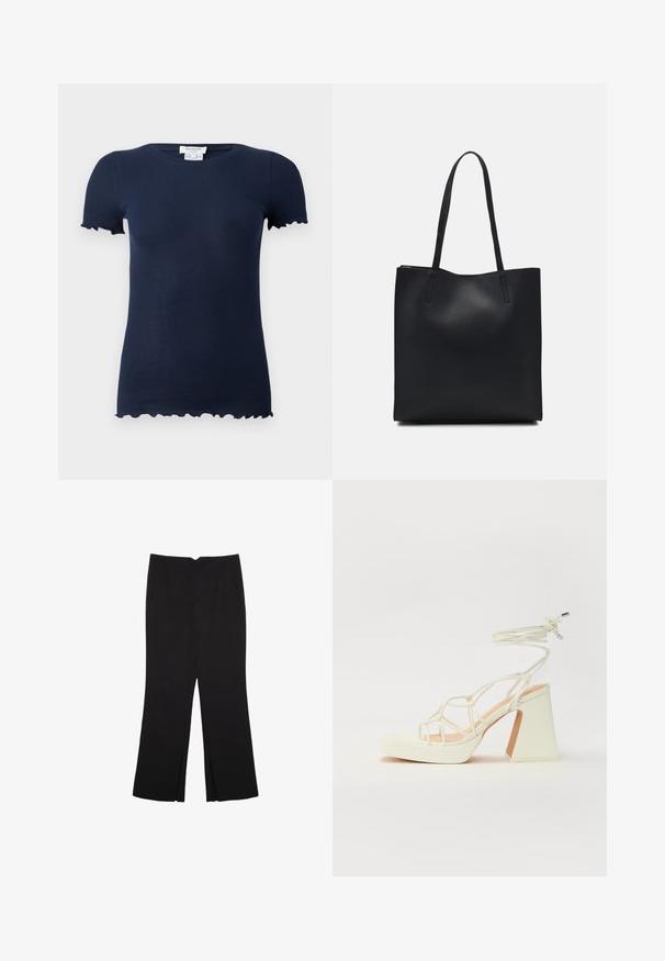 Granatowa koszulka z prążkowanego materiału z dopasowanym krojem, krótkimi rękawami i falbaniastymi krawędziami u mankietów oraz u dołu. Miękki, elastyczny materiał.; Czarne spodnie o prostym kroju, z przednimi kieszeniami i bocznymi rozcięciami na dole. Wykonane z miękkiego, gładkiego materiału. Odpowiednie na różne okazje.; Biała sandał na wysokim obcasie z masywnym słupkiem, z paskowym wzorem i wiązaniem przy kostce. Gładka faktura z platformą z przodu dla dodatkowej wysokości.; Czarna skórzana torba tote o gładkiej fakturze, prostokątnym kształcie i dwóch długich uchwytach. Brak widocznych elementów metalowych i ozdób.