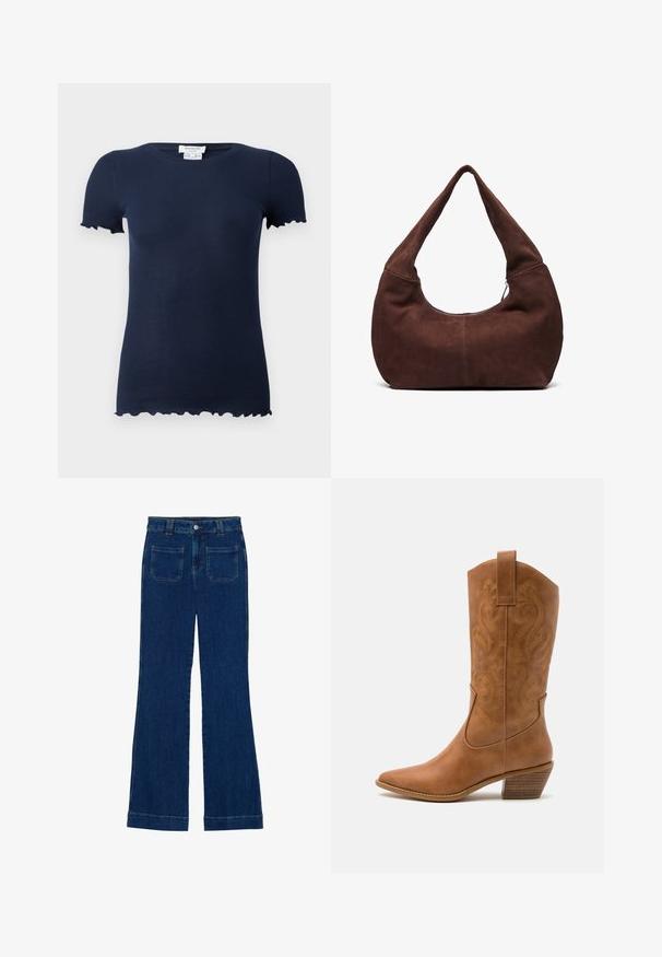 Námořnické proužkované tričko s přiléhavým střihem, krátkými rukávy a zvlněnými okraji na rukávech a spodním lemu. Měkká, elastická látka.; Džínové zvonové kalhoty v tmavě modré barvě s hladkou strukturou, pěti kapsami a zapínáním na knoflík v pase.; Hnědé kožené kovbojské boty s špičatou špičkou, vyšívanými spirálovými vzory na štítech a s blokovým podpatkem. Obsahují poutko pro snadné obouvání.; Hnědá semišová hobo taška s zakřiveným, širokým uchem a velkým otvorem. Měkká textura se viditelným prošíváním podél okrajů.; Zlaté kruhové náušnice s texturovaným, nepravidelným tvarem. Disponují bezproblémovým uzávěrem a leštěným povrchem, což zdůrazňuje moderní design.