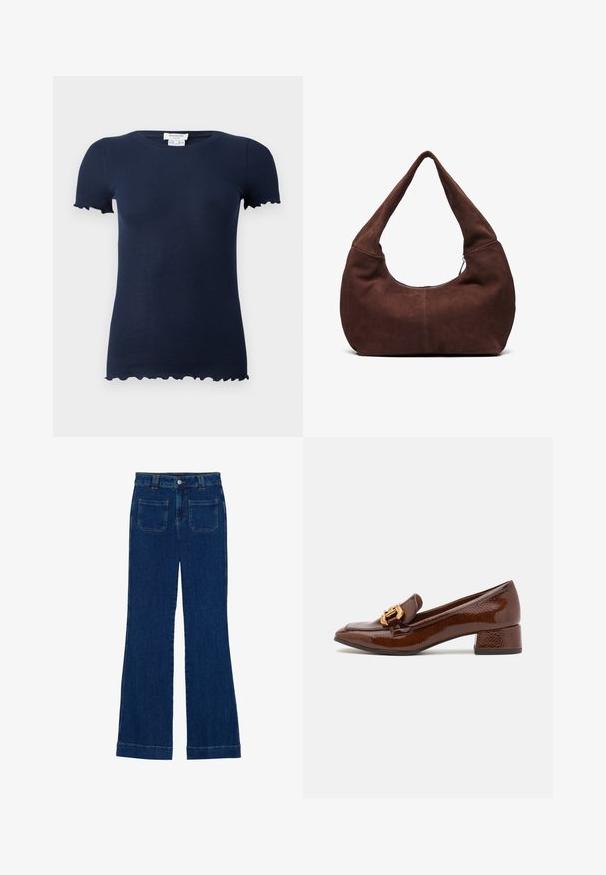 Námořnické proužkované tričko s přiléhavým střihem, krátkými rukávy a zvlněnými okraji na rukávech a spodním lemu. Měkká, elastická látka.; Džínové zvonové kalhoty v tmavě modré barvě s hladkou strukturou, pěti kapsami a zapínáním na knoflík v pase.; Hnědé kožené mokasíny s lesklým povrchem, se zdobnou zlatou sponou na přední straně a nízkým blokovým podpatkem. Klasický design.; Hnědá semišová hobo taška s zakřiveným, širokým uchem a velkým otvorem. Měkká textura se viditelným prošíváním podél okrajů.