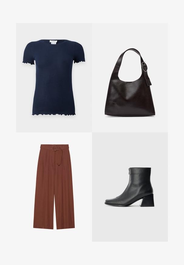 Camiseta de rayas de color marino con un diseño ajustado, mangas cortas y bordes ondulados en los puños y la parte inferior. Tejido suave y elástico.; Pantalones de pierna ancha en tela marrón, con un cinturón de hebilla cuadrada, diseño plisado y textura suave.; Botín de cuero negro hasta el tobillo con punta cuadrada, cremallera lateral y tacón bloque, sobre un fondo claro liso.; Bolso de hombro de cuero marrón con una textura suave, forma redondeada, asa ancha y un acento metálico circular en el mango.