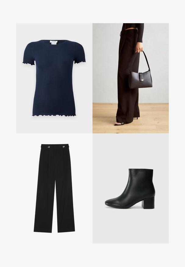 T-shirt bleumarin cu model rib și design ajustat, mâneci scurte și margini ondulate la tivurile mânecilor și la partea de jos. Material moale și elastic.; Pantaloni negri cu picioare largi, talie înaltă, detalii cu butoane pe talie și pliseuri în față.; Cizme negre din piele până la gleznă, cu vârf ascuțit și toc robust. Textură netedă, cu accente minime și un design elegant, ajustat.; Genți negre cu o formă structurată, textură netedă și un închizător metalic. Asortată cu pantaloni negri largi și sandale cu vârf deschis pe un podea din lemn.