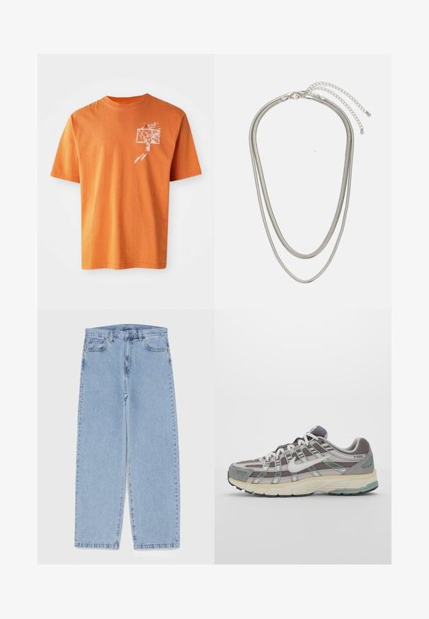 Orange cotton t-shirt with short sleeves, featuring a white graphic of a basketball player and hoop on the left chest area.; Light blue denim jeans with straight leg design, featuring a mid-rise waist, five pockets, and a button and zipper closure.; Gray athletic shoe featuring a mesh and suede upper, white accents, a cushioned sole, and a distinctive design with reflective elements.; Three-layered silver metal necklace featuring sleek, flexible chains with a slight sheen, secured with a lobster clasp and adjustable chain.