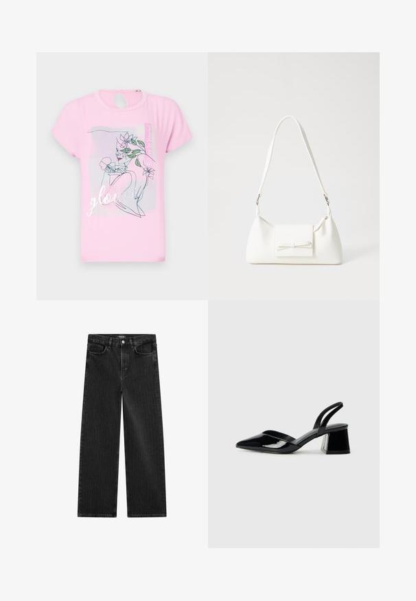 Rosa kortärmad t-shirt med blommönster och ordet "glowed" i silver. Cirkulärt utskärningsdetalj på baksidan. Mjuk, len textur.; Bredbenta svarta denimjeans med ett subtilt vertikalt randmönster, med femfickorsdesign och en klassisk knäppning i midjan.; Svarta lackläder slingback klackar med spetsig tå och geometrisk klack. Har en elegant, minimalistisk design och slät yta.; Vit syntetisk handväska med triangulär form, platt framklaff och rosettdetalj, justerbar rem, slät textur och minimalistisk design.