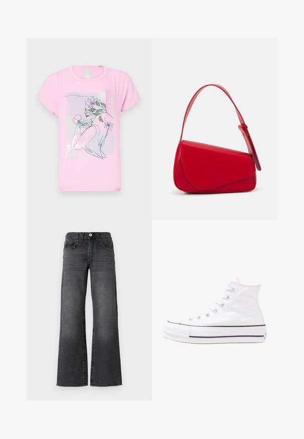 T-shirt rose à manches courtes avec un motif floral et le mot "glowed" en argent. Détail en forme de découpe circulaire à l'arrière. Texture douce et lisse.; Jean large en denim gris foncé. Dispose de cinq poches, d'une fermeture à bouton et d'un léger effet dégradé sur le tissu. Accent de coutures classiques.; Baskets montantes en toile blanche avec semelle en caoutchouc noir, capuchon en caoutchouc à l'avant, et six œillets pour les lacets, présentant un design épuré et minimaliste.; Sac à main en cuir rouge avec un design angulaire et géométrique. Il dispose d'une seule sangle ajustable et d'une fermeture à rabat avec un detailing cousu.