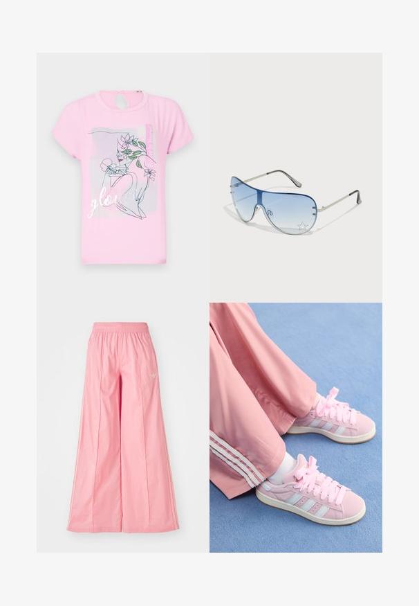 Roze t-shirt met korte mouwen, versierd met een bloemenontwerp en het woord "glowed" in zilver. Circulaire uitsnijding aan de achterkant. Zachte, gladde textuur.; Roze wijde broeken gemaakt van lichtgewicht stof, met een elastische tailleband en subtiele witte streepjes aan de zijkanten. Klein logo aan de voorkant.; Roze sportieve schoenen met lichtblauwe strepen, ronde neuzen en dikke roze veters, gecombineerd met roze trainingsbroeken met witte zijstrepen.; Aviator zonnebril met een gradient blauwe lens, zilveren metalen frame en decoratieve sterrenaccenten op de lens. Glad en strak ontwerp.