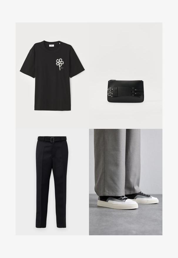 Musta puuvillapaita, jossa on pyöreä pääntie ja lyhyet hihat, varustettuna valkoisella brodeeratulla kukkakuviolla vasemmassa rintamuksessa.; Mustat räätälöidyt housut on valmistettu sileästä kankaasta, niissä on suora leikkaus ja vyötäröllä solki, jossa on suorakulmainen muoto. Huomattavat etu taitteet parantavat muotoilua.; Filling Pieces RIVIERA - Matalavartiset tennarit - grey; Musta nahkainen clutch-laukku, jossa on sileä pinta, metalliset yksityiskohdat ja solkikiinnitys takana. Vetoketjukiinnitys ylhäällä.