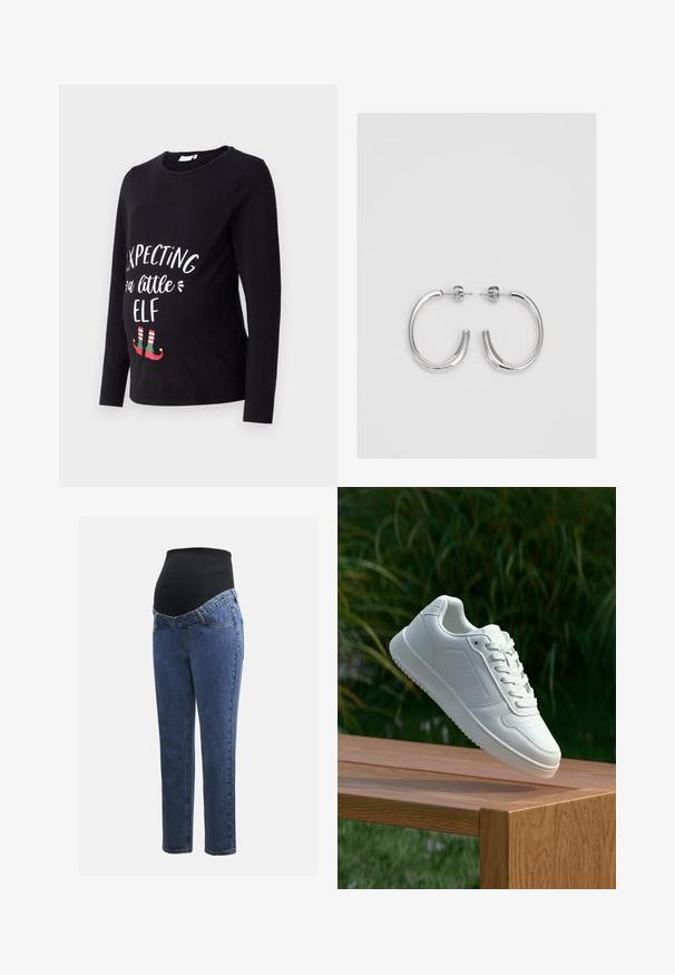 Zwarte zwangerschaps T-shirt met lange mouwen, met witte tekst "Verwacht een klein elfje" en groene en rode elfenschoenen aan de onderkant. Gemaakt van zacht katoen.; Zwangerschapsjeans met blauwe denim benen en een zwart rekbaar buikpaneel, ontworpen om een groeiende buik te ondersteunen en te bedekken.; Witte sneaker met een gladde synthetische bovenkant, geperforeerde neus, platte veters en een gestructureerde zool, tentoongesteld op een houten oppervlak.; Zilveren oorringen met een glad, glanzend oppervlak, met een gebogen vorm en een sluiting met steker. Minimalistisch ontwerp met een moderne afwerking.