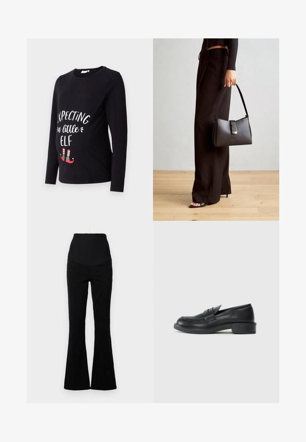 Maglietta premaman nera a maniche lunghe con la scritta bianca "Aspettando un piccolo elfo" e scarpe da elfo verdi e rosse in fondo. Materiale in cotone morbido.; Jeans neri a palazzo con vita alta, realizzati in denim. Presentano uno stile a cinque tasche e una texture liscia con dettagli cuciti.; Mocassini in pelle nera con punta arrotondata, dettagli cuciti e tacco basso. Texture liscia e suola in gomma flessibile.; Borsa nera con forma strutturata, texture liscia e una chiusura metallica. Abbinata a pantaloni neri larghi e sandali open-toe su un pavimento in legno.