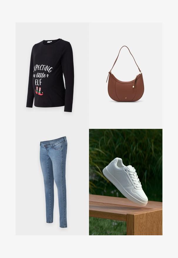 Melns garām piedurknēm grūtniecības krekls ar baltu tekstu "Gaidām mazo elfu", apakšā zaļas un sarkanas elfu kurpes. Mīksts kokvilnas materiāls.; MAMALICIOUS MLAUKIE - Ļoti pieguloši džinsi - medium blue denim; Baltie sporta apavi ar gludu sintētisku augšpusi, perforētu pirkstu daļu, plakani šņorēm un rakstainu zoli, novietoti uz koka virsmas.; Brūns mākslīgās ādas pleca soma ar izliekta forma, minimāls šuvums un zelta toņa aparatūras akcenti. Aprīkota ar augšējo rāvējslēdzēju un regulējamu siksnu.