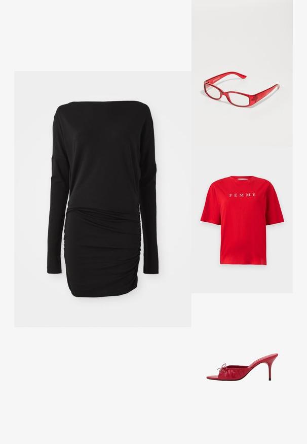 Red cotton t-shirt with short sleeves, featuring the word "FEMME" printed in white across the chest. Simple, relaxed fit design.; Black long-sleeve dress made of soft fabric with a boat neckline and gathered side detailing, creating a fitted silhouette.; Red leather open-toe slide with gathered, pleated design and a decorative bow. Features a stiletto heel and smooth finish.; Red plastic eyeglasses with a rectangular frame, clear lenses, and slim arms. Brand logo "even&odd" is embossed on the temple.; Red glossy leather handbag with a triangular shape, wide top opening, and a single curved handle. Smooth texture with minimal stitching details.