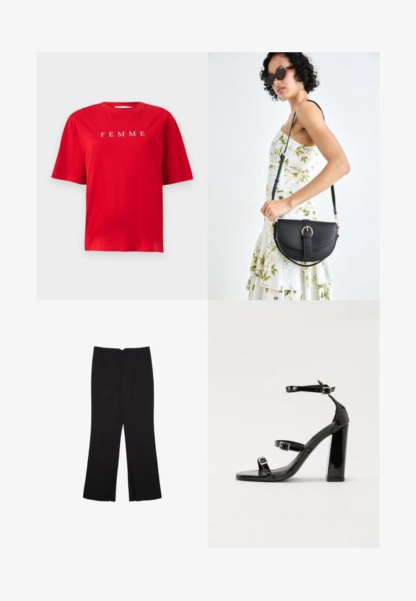 Rdeča bombažna majica s kratkimi rokavi, s tiskanjem besede "FEMME" v beli barvi čez prsa. Preprost, sproščen kroj.; Črne hlače ravnega kroja z naglavnimi žepi in stranskimi razporki na robu. Narejene iz mehke, gladke tkanine. Primerne za različne priložnosti.; Črne lakirane sandale s peto, kvadratnim prstom, trakovi okrog gležnja in srebrnimi zaponkami. Opremljene so s stabilno Debelo peto.; Črna usnjena torbica s ukrivljeno obliko, z odstranljivo naramnico in zlatimi dodatki. Torbica ima pokrov s podrobnostmi v obliki zaponke.