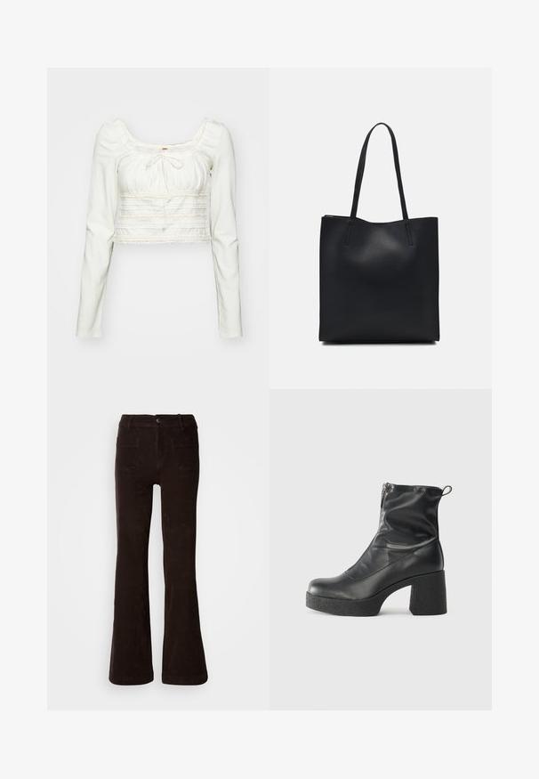 Ilgų rankovių baltas trumpas viršus su kvadratiniu iškirpimu, raišteliu detale ir nėrinių apdaila krūtinės ir apvado srityje, turintis surinktos tekstūros.; Rudi korduroviniai platėjantys kelnės su tekstūruotu paviršiumi, priekyje susegami mygtuku, turi diržo kilpeles ir dvi galines kišenes.; Juodos kulkšninių botai, pagaminti iš lygaus odos, su šoniniu užtrauktuku, masyviu tekstūruotu kulnu ir apvaliu pirštu.; Juodas odinis tote krepšys su lygia tekstūra, stačiakampio formos ir dviem ilgais rankenomis. Matomų metalinių detalių ar puošybos nėra.