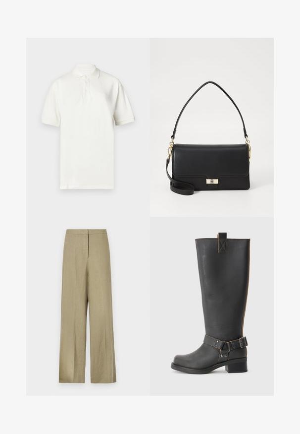 Hvid polo-shirt lavet af bomuld, med krave, korte ærmer og tre knapper foran. Diskret brandlogo broderet på brystet.; Lys grønne, vide bukser lavet af linned. Har en høj talje og et rent fordesign med en enkelt plissé.; Sorte læderknæhøje støvler med en tekstureret overflade, der har en sidebuckle-detalje og en lav hæl. Særligt detaljeret syninger langs sømmene.; Sort læderhåndtaske med rektangulær form, udstyret med en guldfarvet lås, top-håndtag og aftagelig skulderrem. Glat overflade.