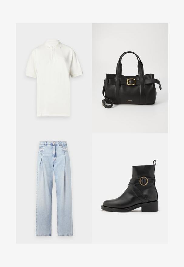 Valkoinen puuvillainen poolopaita, jossa on kaulus, lyhyet hihat ja edessä kolme nappia. Rinnassa hienovarainen brändin logo kirjailtuna.; Vaaleansiniset farkut, joissa on korkea vyötärö, leveälahkeinen leikkaus, kaksi sivutaskua ja pleatattu muotoilu. Pehmeä rakenne, jossa on haalistunut viimeistely.; BOSS IRYNA BOOTIE - Platform-nilkkurit - black; Musta nahkakäsilaukku, jossa on struktuurinen muotoilu, kaksoiskahvat, kultasävyinen solkiaksentti ja kohokuvioitu brändilogo edessä.