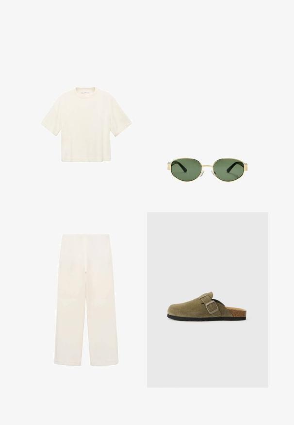 Short-sleeve, cropped t-shirt in off-white. Made of soft fabric with a rounded neckline and relaxed fit. No visible patterns or hardware details.; Wide-leg trousers in cream fabric. Smooth texture with an elastic waistband. No visible seams or hardware. Simple, minimalist design.; Olive green suede clog with adjustable strap and square buckle, cork footbed, and black rubber sole. Rounded toe design.; Gold metal-framed sunglasses with green tinted lenses, oval shape, black temples, and clear nose pads. Clean, minimalist design.; Black leather handbag with a gold hardware accent, featuring a signature clasp, a detachable shoulder strap, and textured surface.