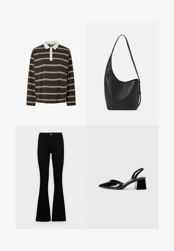 Brown long-sleeve polo shirt featuring horizontal white stripes, a contrast white collar, and a three-button placket. Soft fabric texture.; Black high-waist jeans with a button and zip closure, front pockets, and flared legs laid flat on a white background.; Black patent leather slingback heels with a pointed toe and a geometric block heel. Features a sleek, minimal design and smooth texture.; Black leather hobo bag with a smooth texture, curved shape, and single adjustable strap; features a wide opening at the top.