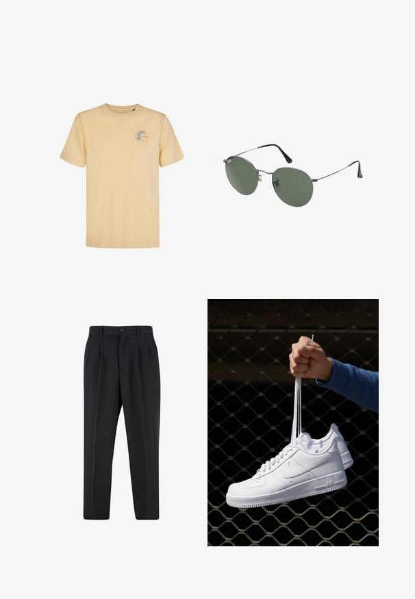 Gaiši dzeltena kokvilnas T-krekls ar apaļu kakla izgriezumu. Kreklam ir apļa logo zila un oranža krāsā kreisajā krūts pusē. Īsas piedurknes.; Melni brīvie bikses ar krokotu priekšpusi, izgatavotas no gludas auduma. Iespējama poga aizdare un jostas cilpas; taisnu kāju forma.; Baltas ādas sporta apavi ar perforācijām, apaļu purngali, plakanu zoli un biezām šņorēm, ar redzamu swoosh logo un vārdu "AIR" uz papēža.; Metāla rāmji saulesbrillēm ar ovālām zaļām lēcām. Tievs sudraba metal rāmji un melni ausu spilventiņi. Minimalistiska dizaina, bez redzamām apzīmējumiem.