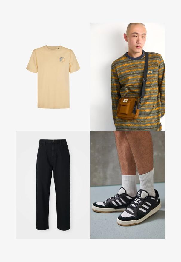 Hele kollane puuvillane T-särk ümarate kaelustega. Vasakul rinnal on ringikujuline logo sinise ja oranži värviga. Lühikesed varrukad.; Mustad denim püksid sirge lõikega. Omavad klassikalist viie tasku disaini, nupuga kinnitust ja peent kangatekstuuri.; Mustvalged ja valged spordijalatsid, mille pealmine osa on valmistatud suede'ist ja nahast. Kingadel on kolm valget riba, auguline varvas ja kummist tald.; Pruun kangast õlaline kott, millel on lukuga ja esikott; kantud halli ja oranži triibulise pika varrukaga särgi peal, millel on logotäht.