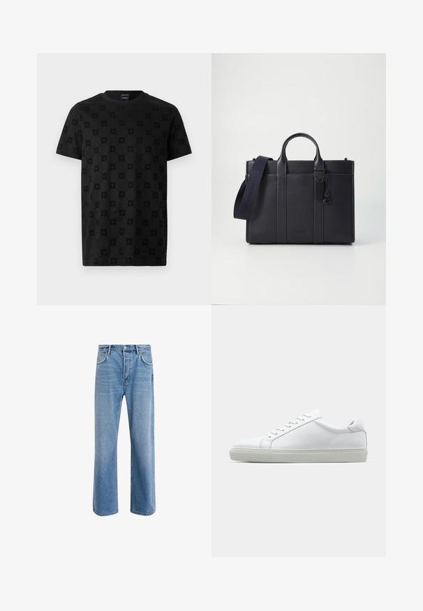 Must must värviline T-särk, millel on tekstuuriga ringide ja lillede kujundused, lühikesed varrukad ja ümar kaelus. Valmistatud pehmest puuvillamaterjalist.; Heledad sinine teksapüksid otse lõikega, viie taskuga, nupuga sulgemine, minimaalne kulumine ja kontrastsed õmbluse detailid.; Valge tennisetoss, millel on sile nahk pealis ja madal profiil. Omab ümarat ninaosa, kuut silmust ja tekstuuriga kummist talda.; Tumedat mere nahkbriefcase kahekordsete ülemiste käepidemetega ja eemaldatava rihmaga. Omab tekstureeritud viimistlust, vertikaalset õmblust ja logodetaili.