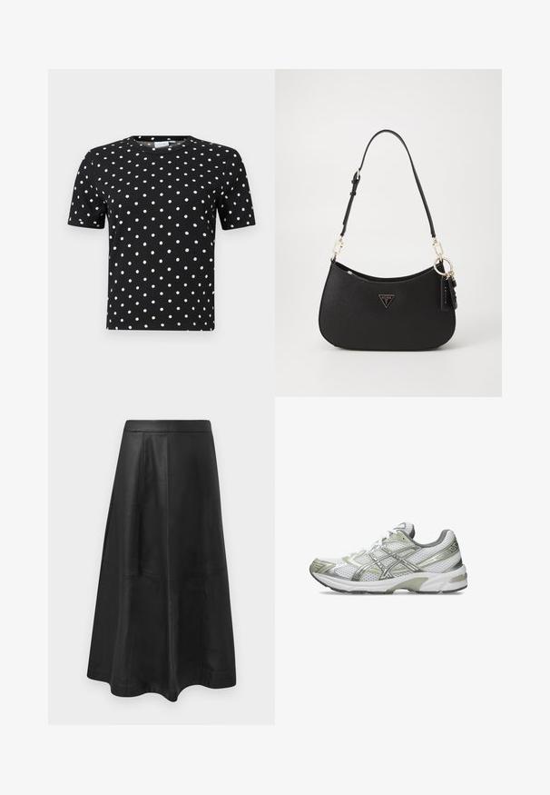 Camiseta negra de manga corta con textura acanalada y lunares blancos, con cuello redondo y corte ajustado.; Falda midi de cuero negro con una silueta acampanada, que presenta detalles de costura y una textura lisa. Sin herrajes o acentos visibles.; Zapatilla de correr blanca con parte superior de malla, acentos metálicos plateados, capuchón de talón gris y suela de goma. Presenta un diseño texturizado y cordones.; Bolso de mano sintético negro con forma curvada, herrajes dorados y un logo triangular. Cuenta con un cierre de cremallera y una correa ajustable.